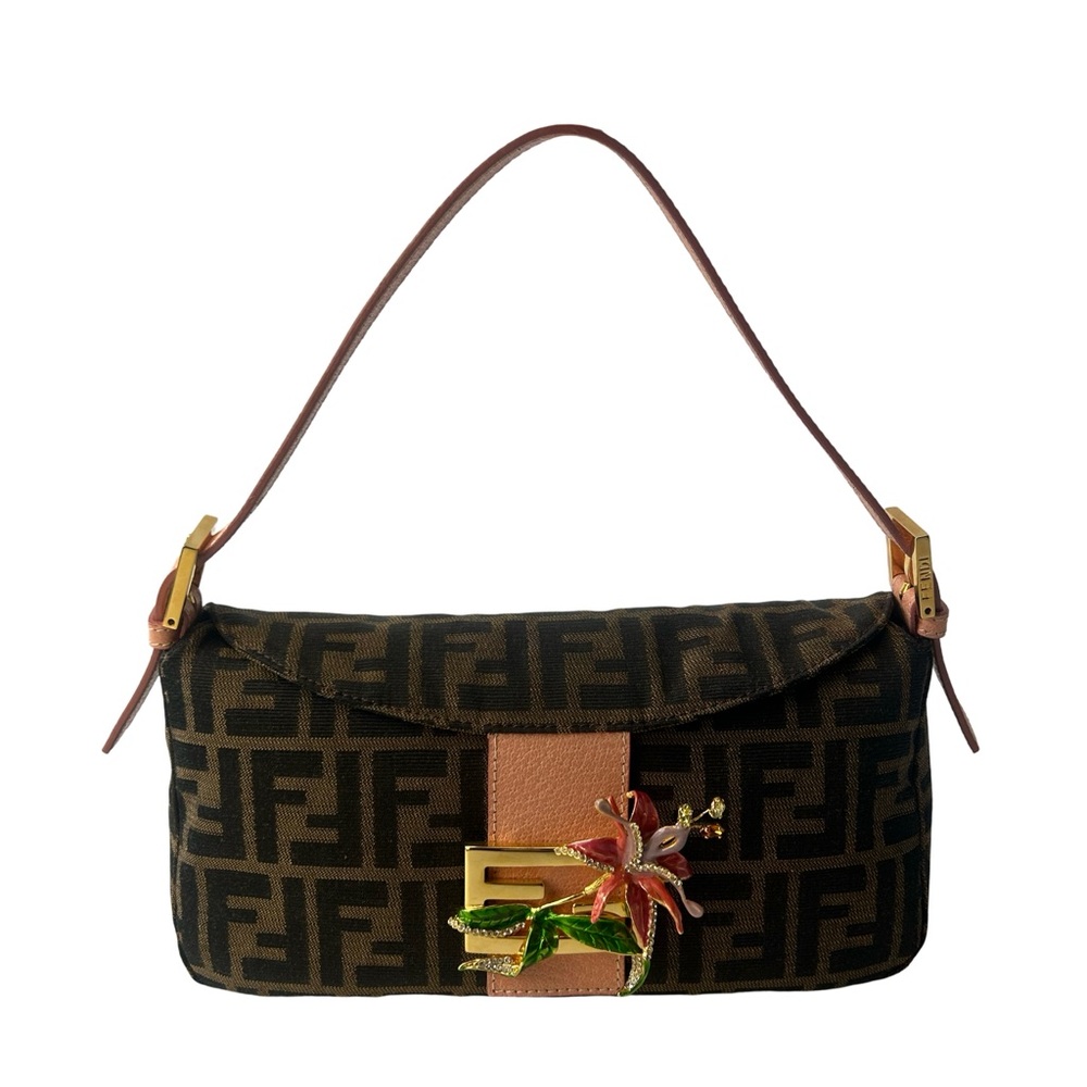 Fendi Zucca Floral Rhinestone Baguette Shoulder Bag